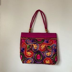 pink Indian Embroidered Flowers Shoulder Bag